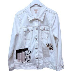 LOGO Lori Goldstein White Jean Jacket Size 16 Boho Artsy Patchwork Denim